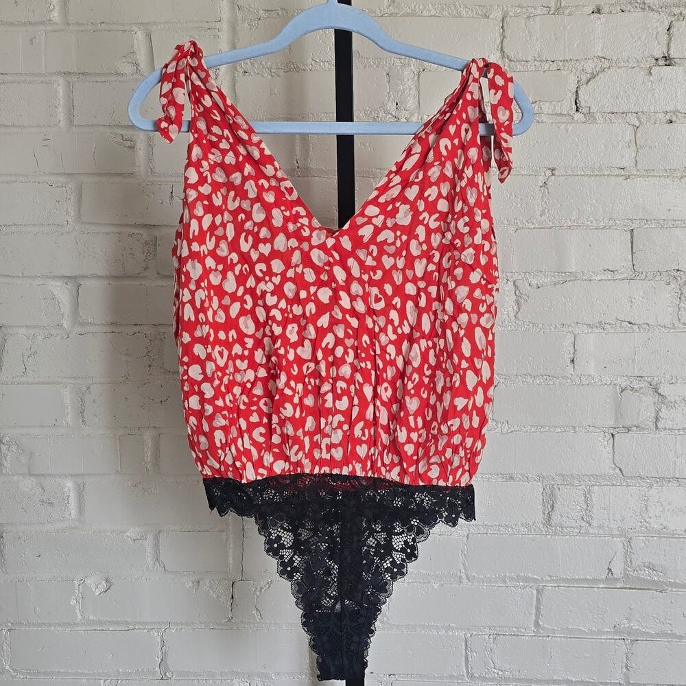 Intimately Free People Romantic Red Leopard Print Bodysuit | Lace & Tie Straps